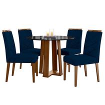 Mesa de jantar 100x100cm Isabela com Vidro Imbuia Preto e 4 Cadeiras Caroline Imbuia Veludo Azul Marinho New Ceval