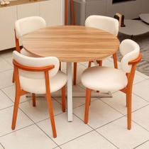 Mesa de Jantar 1,10m Redonda Industrial com Pés em Aço e 4 Cadeiras em Madeira Natural