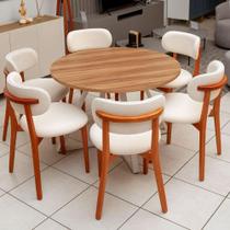 Mesa de Jantar 1,10m Redonda Industrial com Pés em Aço e 6 Cadeiras em Madeira Natural