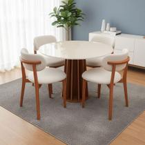 Mesa de Jantar 115cm Redonda Tampo c/ Vidro e 4 Cadeiras em Madeira Natural