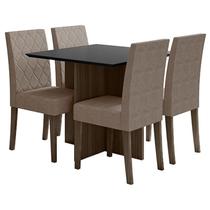 Mesa de Jantar 120cm Helo com Vidro Amêndoa Grafite com 4 Cadeiras Jade Bordada Amêndoa Cappuccino Poliman