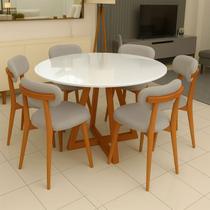 Mesa de Jantar 1,35m com Tampo de Vidro e 6 Cadeiras em Madeira Natural - Cercatto SJ