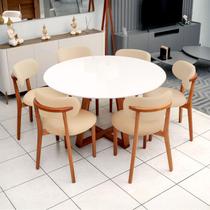 Mesa de Jantar 1,35m Redonda 6 Cadeiras c/ Base em Madeira Natural