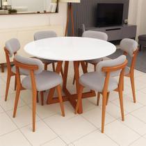 Mesa de Jantar 1,35m Redonda 6 Cadeiras c/ Base em Madeira Natural