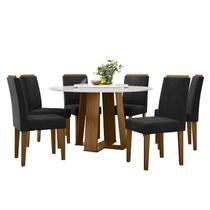 Mesa de jantar 135x135 cm com Tampo Giratório Isabela com Vidro Ype Off White e 6 Cadeiras Amanda Ype Veludo Preto New Ceval