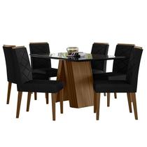 Mesa de Jantar 135x90cm Fernanda com Vidro e 6 Cadeiras Caroline Imbuia Veludo Preto New Ceval