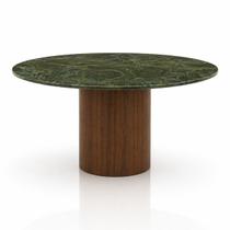 Mesa de Jantar 140 cm Tampo Mármore Verde Vitória Régia e Base Cilíndrica Nogueira