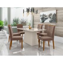 Mesa de Jantar 160cm Ambiente Bárbara com Vidro Off White e 6 Cadeiras Caroline Ype Veludo Marrom Rose New Ceval