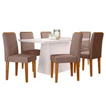 Mesa de Jantar 160cm Bárbara com Vidro Off White e 6 Cadeiras Ana Ype Veludo Marrom Rose New Ceval