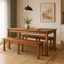 Mesa de Jantar 160cm com 2 Bancos Madeira Maciça Pinus Imbuia Retrô Rústica Área Gourmet Mesa de Jantar 160cm com 2 Bancos Madeira Maciça Pinus Imbuia Retrô Rústica Área Gourmet