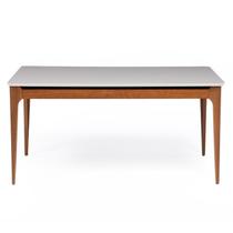 Mesa de Jantar 160cm com Base de Madeira Natural e Tampo de Vidro Addar