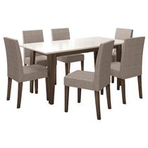 Mesa de Jantar 160cm Liz Amêndoa Off White com 6 Cadeiras Josi Liso Amêndoa Cappuccino Poliman