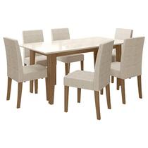 Mesa de Jantar 160cm Liz Carvalho Off White com 6 Cadeiras Josi Liso Carvalho Fendi Poliman