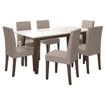 Mesa de Jantar 160cm Liz com Vidro Amêndoa Off White com 6 Cadeiras Jade Bordada Amêndoa Cappuccino Poliman