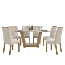 Mesa de Jantar 160x80 com 6 Cadeiras Apogeu Amêndoa/Off White/Linho Bege - Móveis Lopas