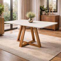 Mesa de Jantar 160x90 Tampo Mdf/vidro para 6 Lugares Pés Madeira Maciça Pérola - Mel/off White