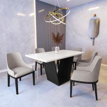 Mesa de Jantar 1,6m Safira Off White com 6 Cadeiras Elisa Linho Bege Madeira Maciça Preto