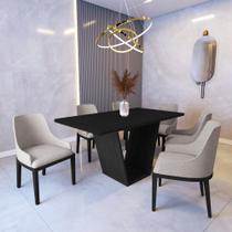 Mesa de Jantar 1,6m Safira Preto com 6 Cadeiras Elisa Linho Bege Madeira Maciça Preto