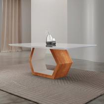 Mesa de Jantar 180cm x 80cm Tampo Madeira com Vidro Sarah Branco/Laqueado Off White/Cinamomo Imbuia