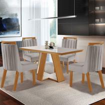 Mesa de Jantar 4 Lugares Viena com Vidro Cinamomo/Off White/Linho Cinza - Lj Móveis Mesa de Jantar 4 Lugares Viena com Vidro Cinamomo/Off White/Linho Cinza - Lj Móveis
