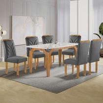 Mesa de Jantar 6 Lugares Melina Carolina com Vidro Cinamomo/Off White/Veludo Cinza - Cel Móveis Mesa de Jantar 6 Lugares Melina Carolina com Vidro Cinamomo/Off White/Veludo Cinza - Cel Móveis