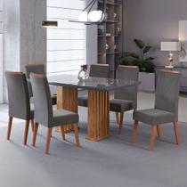 Mesa de Jantar 6 Lugares Platina com Vidro Ripado Mel/Cinza/Grafite - Viero Móveis
