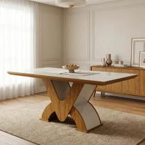 Mesa de Jantar 6 Lugares Retangular Tampo de Vidro Genova Pinho/Off White Yescasa