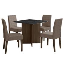 Mesa de Jantar 90cm Helo com Vidro Amêndoa Grafite e 4 Cadeiras Jade Bordada Amêndoa Cappuccino Poliman