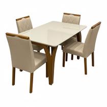 Mesa de Jantar Agata 135x90cm com Vidro e 4 Cadeiras California em Linho Estofadas Lj Móveis Cor Cinamomo Off White com Tecido Bege Mesa de Jantar Agata 135x90cm com Vidro e 4 Cadeiras California em Linho Estofadas Lj Móveis Cor Cinamomo Off White com Tecido Bege