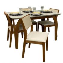 Mesa de Jantar Agata 135x90cm com Vidro e 4 Cadeiras Oiti em Linho Madeira Lj Móveis Cor Cinamomo Off White com Tecido Bege