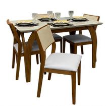Mesa de Jantar Agata 135x90cm com Vidro e 4 Cadeiras Oiti em Linho Madeira Lj Móveis Cor Cinamomo Off White com Tecido Cinza