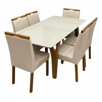 Mesa de Jantar Agata 180x90cm com Vidro e 6 Cadeiras California em Linho Estofadas Lj Móveis Cor Cinamomo Off White com Tecido Bege