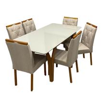 Mesa de Jantar Agata 180x90cm com Vidro e 6 Cadeiras Jasmim em Veludo Estofadas Lj Móveis Cor Cinamomo Off White com Tecido Bege