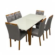 Mesa de Jantar Agata 180x90cm com Vidro e 6 Cadeiras Jasmim em Veludo Estofadas Lj Móveis Cor Cinamomo Off White com Tecido Cinza