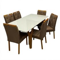 Mesa de Jantar Agata 180x90cm com Vidro e 6 Cadeiras Jasmim em Veludo Estofadas Lj Móveis Cor Cinamomo Off White com Tecido Marrom