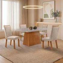 Mesa de Jantar Aida 4 Lugares MDF Serigrafado com Cadeiras Lira Veludo Off White Moderna Mesa de Jantar Aida 4 Lugares MDF Serigrafado com Cadeiras Lira Veludo Off White Moderna