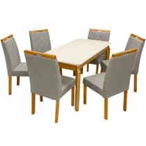 Mesa de Jantar Alegra 160x80cm com Vidro e 6 Cadeiras California em Linho Madeira Jcm Cor Cinamomo Off White com Tecido Cinza Mesa de Jantar Alegra 160x80cm com Vidro e 6 Cadeiras California em Linho Madeira Jcm Cor Cinamomo Off White com Tecido Cinza