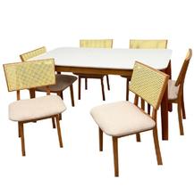 Mesa de Jantar Alegra 160x80cm com Vidro e 6 Cadeiras Diamante em Linho Madeira Jcm
