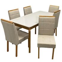 Mesa de Jantar Alegra 160x80cm com Vidro e 6 Cadeiras Giulia em Veludo Estofadas Jcm Cor Cinamomo Off White com Tecido Bege Mesa de Jantar Alegra 160x80cm com Vidro e 6 Cadeiras Giulia em Veludo Estofadas Jcm Cor Cinamomo Off White com Tecido Bege