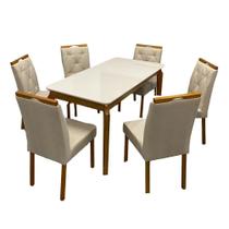 Mesa de Jantar Alegra 160x80cm com Vidro e 6 Cadeiras Jasmim em Veludo Estofadas Jcm Cor Cinamomo Off White com Tecido Bege Mesa de Jantar Alegra 160x80cm com Vidro e 6 Cadeiras Jasmim em Veludo Estofadas Jcm Cor Cinamomo Off White com Tecido Bege