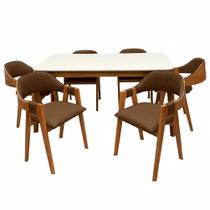 Mesa de Jantar Alegra 160x80cm com Vidro e 6 Cadeiras Perola em material sintético Madeira Jcm Cor Cinamomo Off White com Tecido Marrom Mesa de Jantar Alegra 160x80cm com Vidro e 6 Cadeiras Perola em material sintético Madeira Jcm Cor Cinamomo Off White com Tecido Marrom