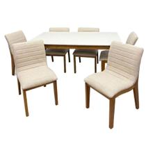 Mesa de Jantar Alegra 160x80cm com Vidro e 6 Cadeiras Sofia em Linho Estofadas Jcm Cor Cinamomo Off White com Tecido Bege