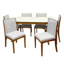 Mesa de Jantar Alegra 180x90cm com Vidro e 6 Cadeiras Lara Kappesberg em Linho Madeira Jcm Cor Cinamomo Off White com Tecido Cinza Mesa de Jantar Alegra 180x90cm com Vidro e 6 Cadeiras Lara Kappesberg em Linho Madeira Jcm Cor Cinamomo Off White com Tecido Cinza