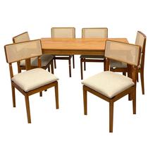 Mesa de Jantar Alegra 180x90cm Sem Vidro e 6 Cadeiras Canada em Linho Madeira Jcm Cor Cinamomo com Tecido Bege