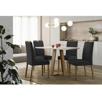 Mesa de Jantar Ambiente Lectus 120 cm com Vidro Amendoa Off White e 4 Cadeiras Mariana Veludo Preto New Ceval