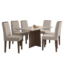 Mesa de Jantar Ana 160x90 com 6 Cadeiras Amanda Imbuia/Off White/Bege - PR Móveis Mesa de Jantar Ana 160x90 com 6 Cadeiras Amanda Imbuia/Off White/Bege - PR Móveis