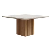 Mesa de Jantar Ana Quadrada 1 Tampo em MDF e Vidro 130cm 1 Base Cozinha Moderna Marrom Off White