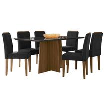 Mesa de Jantar Anitta 160x90 cm com Vidro Imbuia Preto e 6 Cadeiras Ana Imbuia Veludo Preto New Ceval