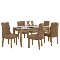 Mesa de Jantar Áries 180x90 com 6 Cadeiras Astrid Amêndoa/Off White/material sintético Caramelo - Móveis Lopas