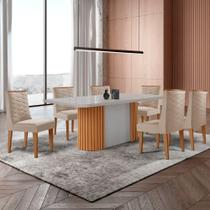 Mesa De Jantar Aspen 180cm Tampo Mdf Vidro 6 Cadeiras Safira Veludo Creme /nat/off/serig. Off